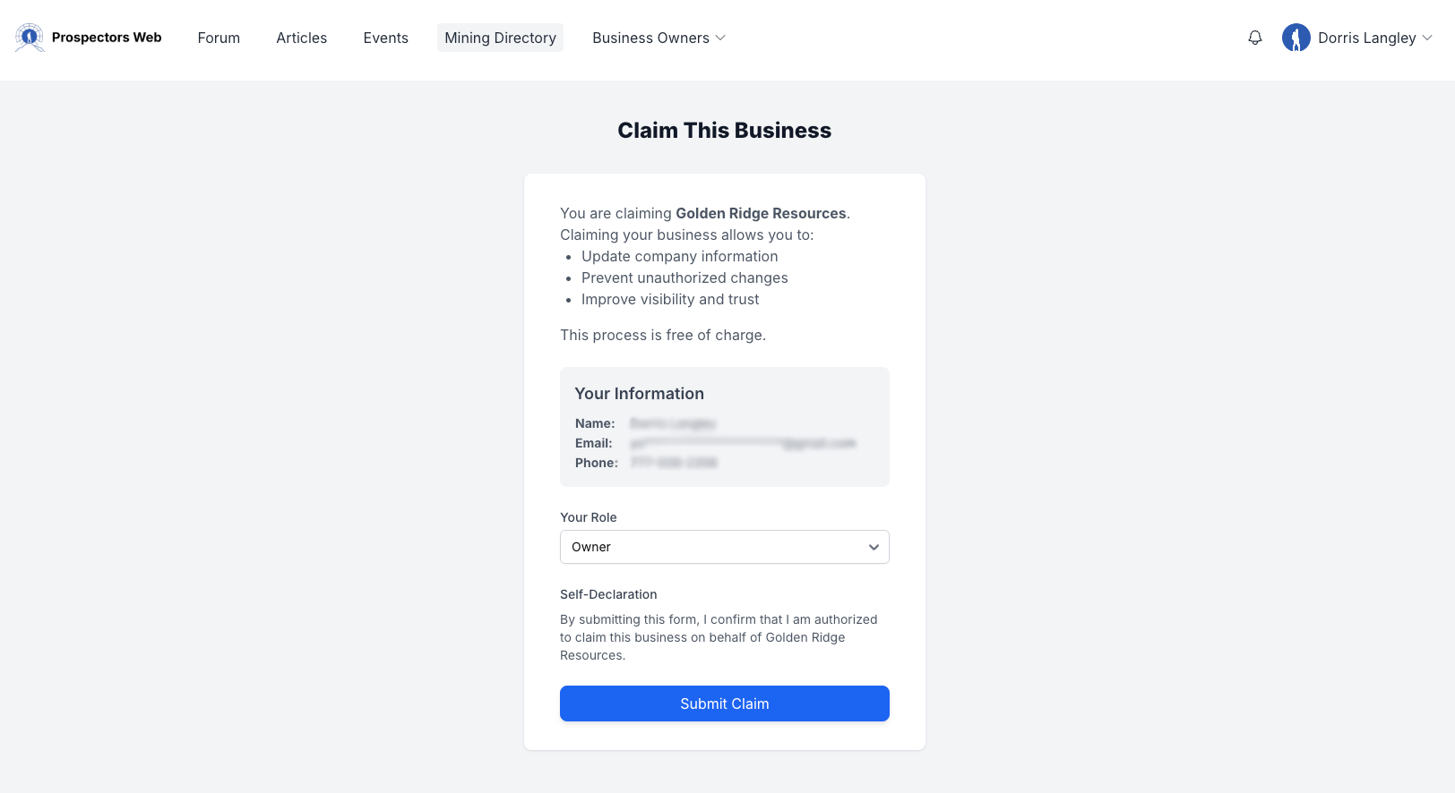 Claim your business form