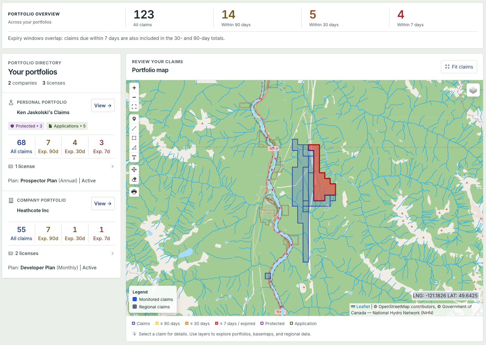 Actual ClaimsPro interface showing claim boundaries, portfolio status, and upcoming expiries
