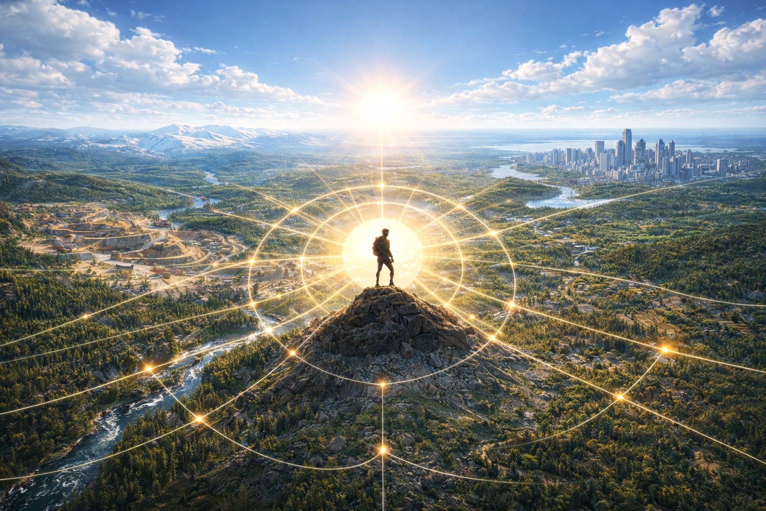 Prospector at the centre of a glowing network connecting the land and industry