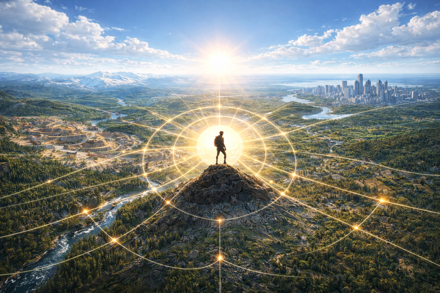 Prospector overlooking connected terrain and mining activity